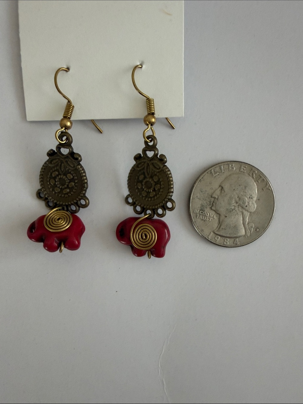 Red Elephant Drop Earrings with Antiqued Brass Filigree